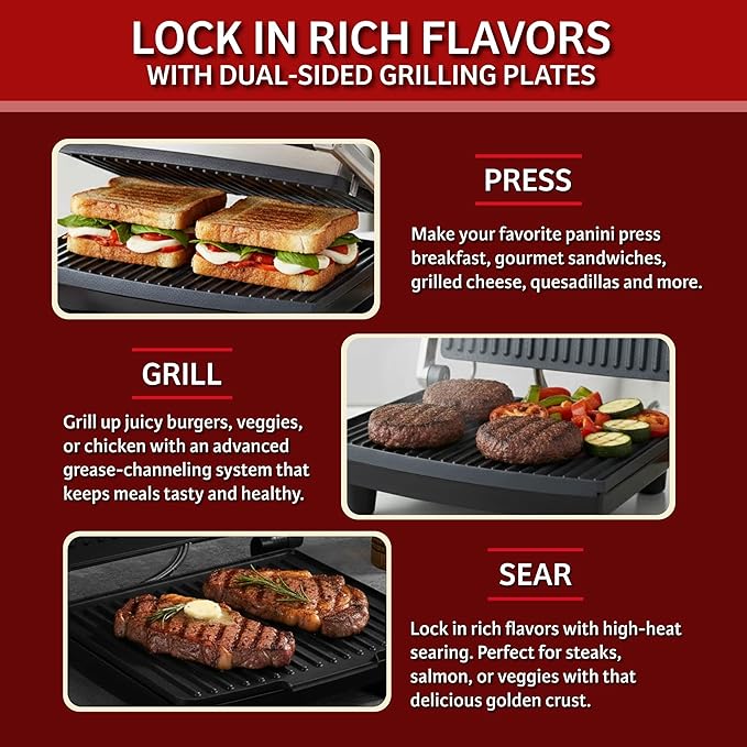 Panini Press Gourmet Grilled Cheese and Sandwich Maker - Electric Indoor Grill with Drip Tray for Healthy Cooking Options by Chef Buddy (Silver)