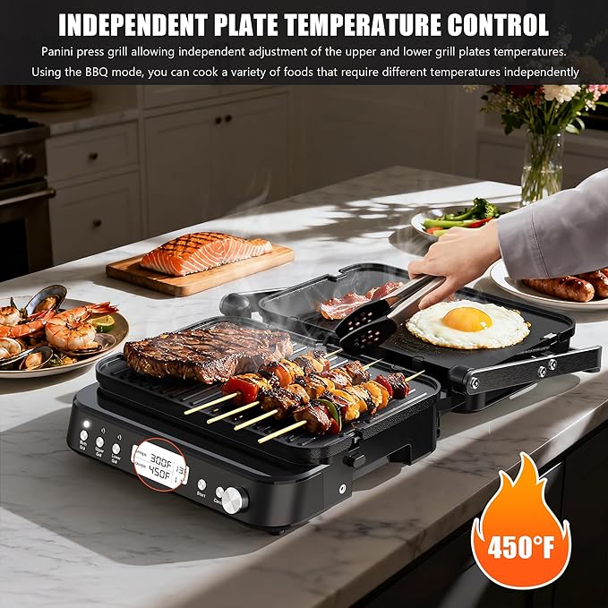 CATTLEMAN Panini Grill Press Sandwich Maker with Removable Plates, 6 in 1 Indoor Grill & Electric Griddle with Meat Thermometer, PFAS Free Ceramic Nonstick Reversible Plates, Opens Flat, 1600W
