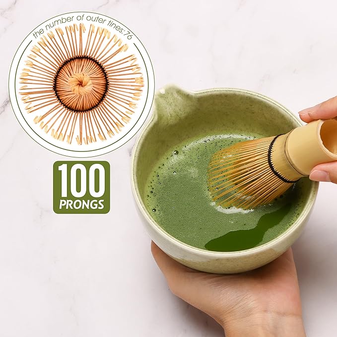Matcha Tea Set 5 Pcs, Japanese Traditional Ceramic Bowl, Bamboo Whisk (Chasen), Scoop (Chashaku), Whisk Holder,Stainless Steel Sifter