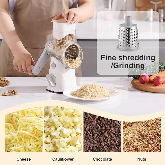Rotary Cheese Grater, Kitchen Mandoline Vegetable Cheese Shredder with 3 Interchangeable Blades, Easy to Clean Rotary Grater Slicer with Handle,Kitchen Grater Grinder for Cutting Cheese,Vegetable,Nuts