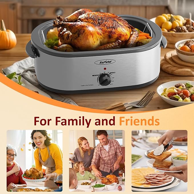 Sunvivi Electric Roaster,18 Quart Roasting Oven with Self-Basting Lid Removable Pan,Turkey Roaster Oven with 150 to 450F Temperature Control Cool-Touch Handles,Silver
