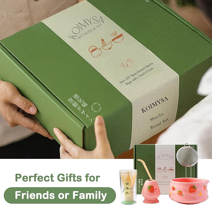Pink Matcha Set Whisk And Ceremony Bowl, 5 Pcs Ceramic Traditional Matcha Making Kit Gift Set For Women Friends Tea Lover