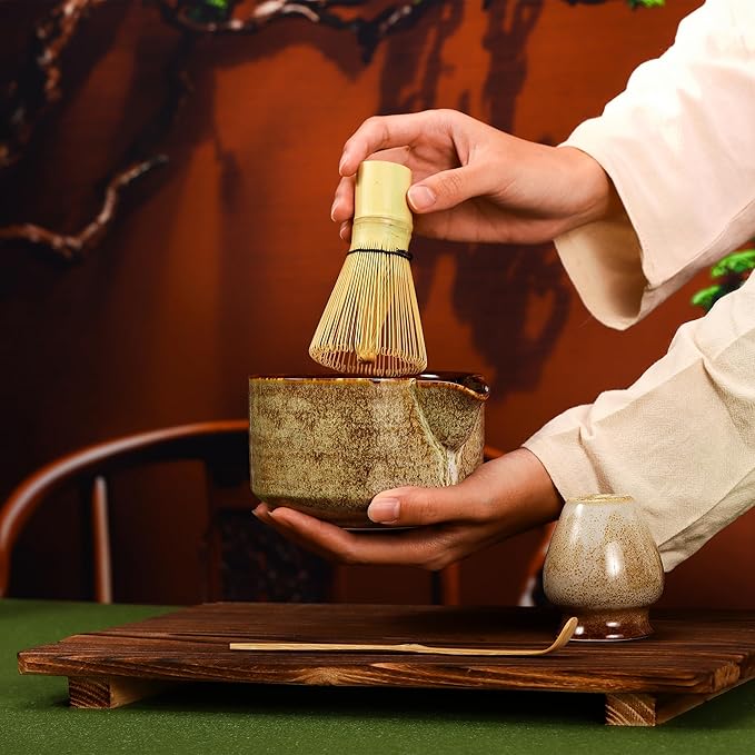 Matcha Tea Set 4 Pcs, JapaneseTraditional Ceramic Bowl, Bamboo Whisk (Chasen), Scoop (Chashaku), Holder (brown)