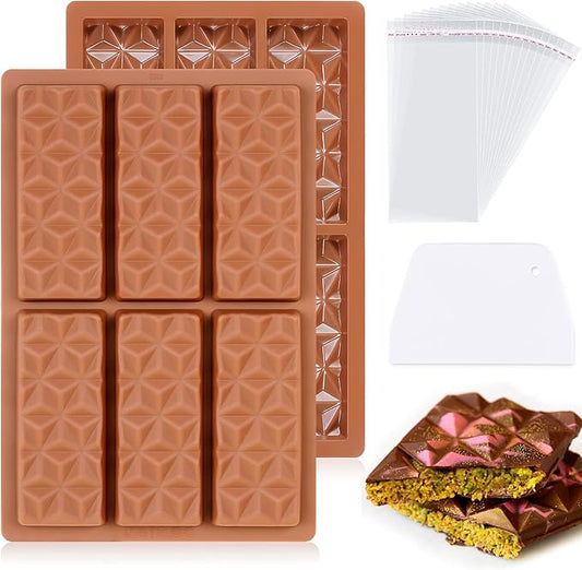 2 Pcs Chocolate Bar Mold Deep Dubai Stuffed Silicone Molds for Filling Knafeh Pistachio Chocolate Bar and Wax Melts Rectangle Thick Candy Bar Molds Break Apart (Pyramid)