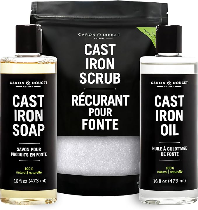 CARON & DOUCET – Ultimate Cast Iron Set PLUS: Seasoning Oil, Cleaning Soap & Restoring Scrub | 100% Plant-Based & Best for Cleaning Care, Washing, Restoring & Seasoning Skillets, Pans & Grills!