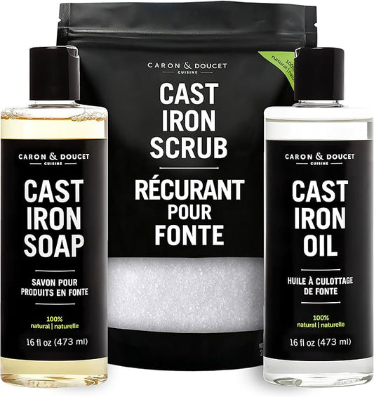 CARON & DOUCET – Ultimate Cast Iron Set PLUS: Seasoning Oil, Cleaning Soap & Restoring Scrub | 100% Plant-Based & Best for Cleaning Care, Washing, Restoring & Seasoning Skillets, Pans & Grills!