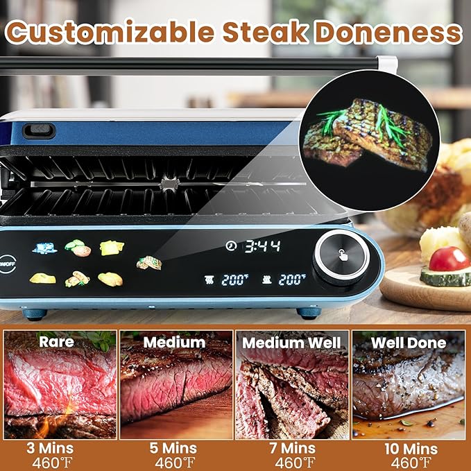 KOTEK Panini Grill Press Sandwich Maker, 3 In 1 Sandwich Press with Removable Non-Stick Plates & Drip Tray, Dishwasher Safe, 7 Cooking Modes, LED Touch Panel, Adjustable Temp, 1200W