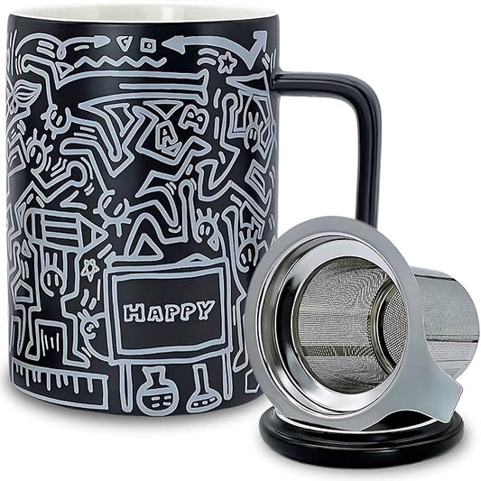 Loose Leaf Tea Cup, Doodle Style Tea Mugs with Infuser and Lid, 14oz Porcelain Steeper Cup, Brewing Teacup with Infuser and Lid, Microwave & Dishwasher Safe, Happy Black