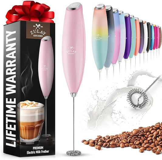 Zulay Powerful Milk Frother for Coffee with Upgraded Titanium Motor - Handheld Electric Whisk, Milk Foamer, Mini Mixer & Coffee Blender for Frappe, Latte, Matcha, No Stand - Pink