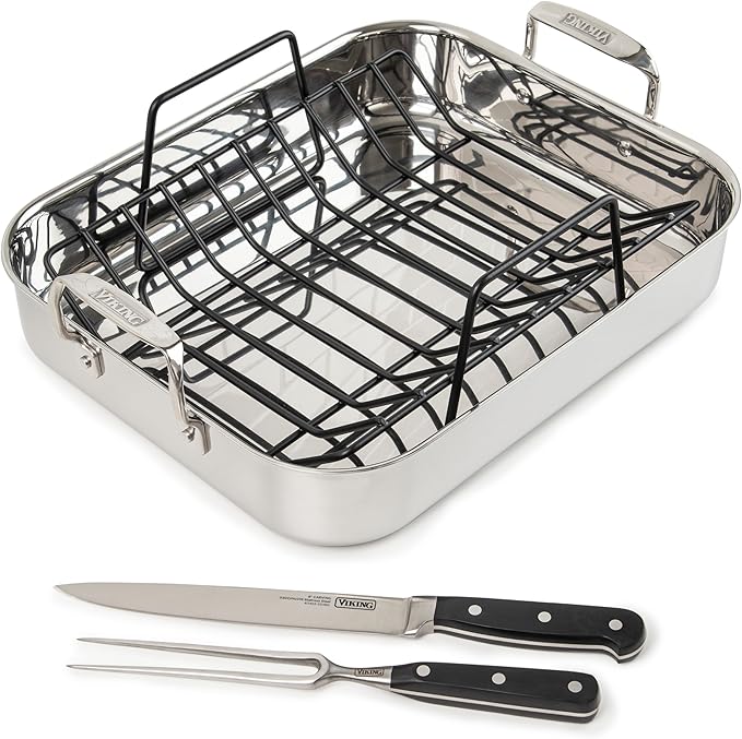 Viking 3-Ply Stainless Steel Roasting Pan with Nonstick Rack and Carving Set, 16 x 13 Inch Kitchen Cookware, Great for Turkey, Dishwasher and Oven Safe, Induction Ready, SIlver