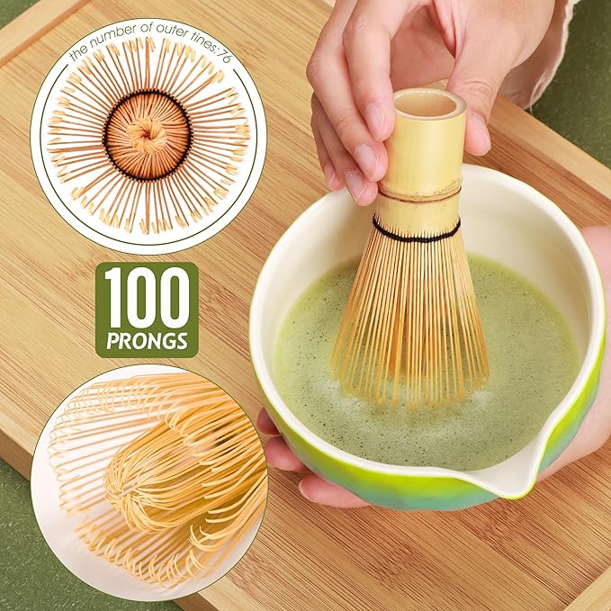 Matcha Tea Set 7 Pcs,Japanese Ceramic Bowl,Bamboo Matcha Whisk (Chasen), Scoop (Chashaku),Stainless Steel Sifter,Whisk Holder (yellow blue),Tea Towel