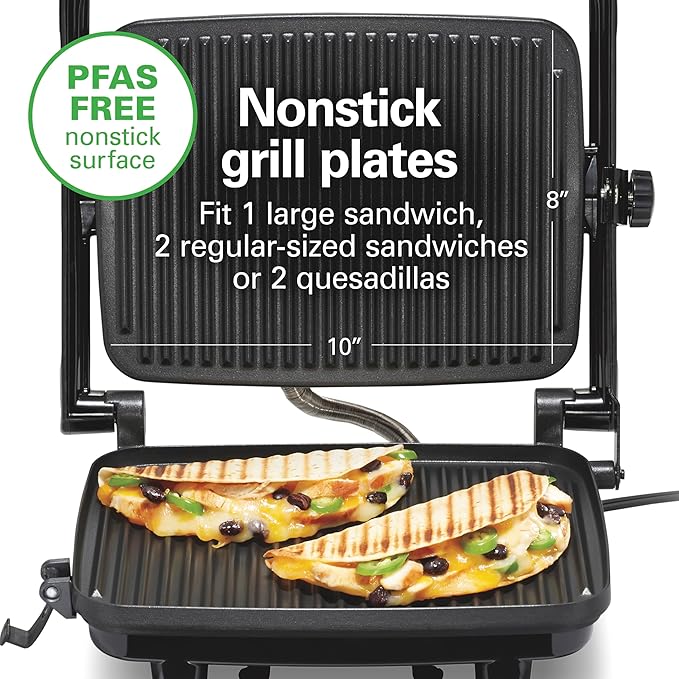 Hamilton Beach Panini Press Sandwich Maker & Electric Indoor Grill with Locking Lid, Opens Wide to Fit Any Thickness for Quesadillas, Burgers & More, Nonstick 8" x 10" Grids, Chrome (25460AG)