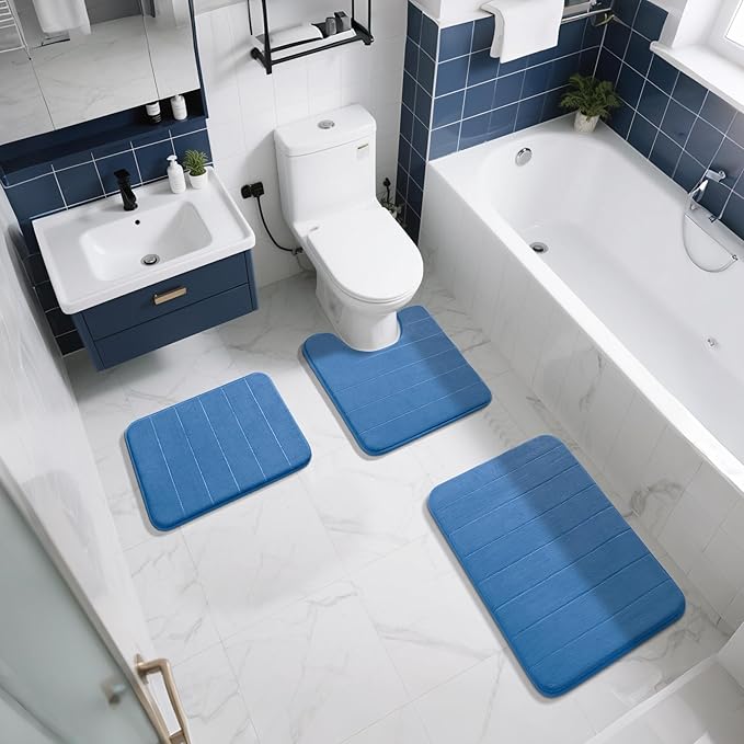 Yimobra Memory Foam Bath Mat, Super Soft Absorbent Bathroom Rug Non Slip 24x17 Inch, Quick Dry, Machine Washable Floor Carpet for Tub Shower, Home Decor Accessories, Blue