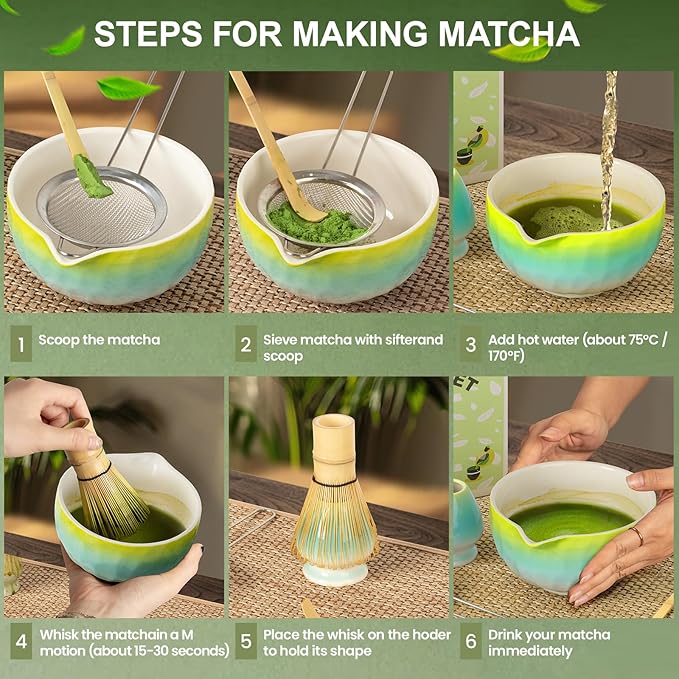 Matcha Set,5 Pcs Matcha Whisk Set Includes Bowl with Spout, Whisk,Holder,Bamboo Scoop and Sifter- Matcha Kit for Making Breakfast/Latte,Gift for Lovers（Gradient）