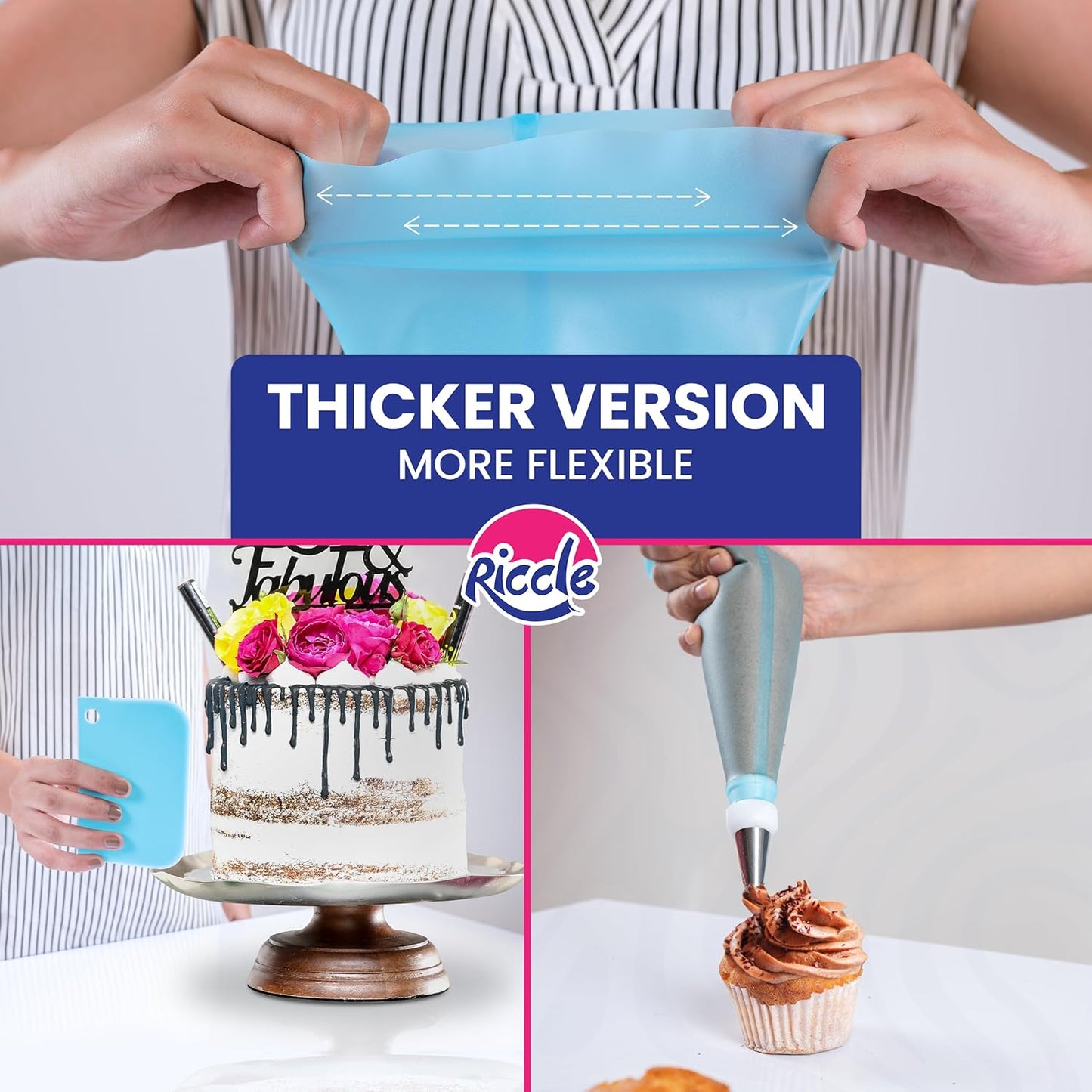 Riccle 94 pcs Cake Decorating Kit with Cake Turntable - Includes 50pcs 16 Inch Disposable + 2 Reusable Piping Bags and Tips Set, 24 Icing Piping Tips, 2 Spatulas, 3 Icing Comb Scraper, 6 Cake Liners