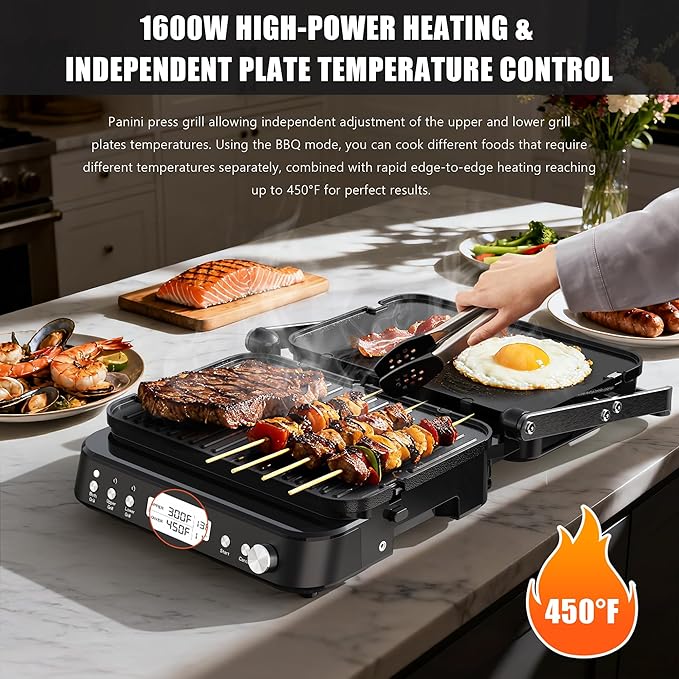 CATTLEMAN Panini Grill Press Sandwich Maker with Removable Plates, 5 in 1 Smokeless Indoor Grill & Griddle with Meat Thermometer, PFAS Free Ceramic Nonstick Reversible Plates, Opens Flat, 1600W