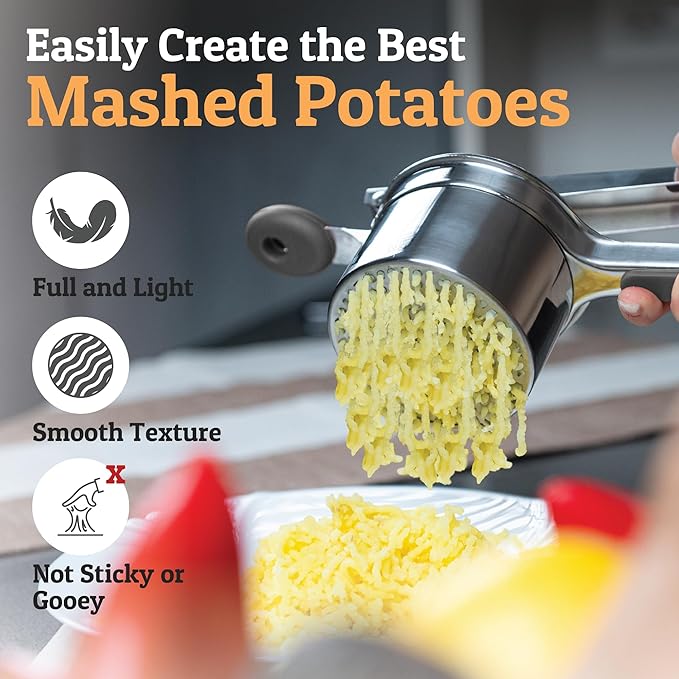 PriorityChef Large 15oz Potato Ricer, Heavy Duty Stainless Steel Potato Masher and Ricer Kitchen Tool, Press and Mash Kitchen Gadget For Perfect Mashed Potatoes - Everytime, Grey