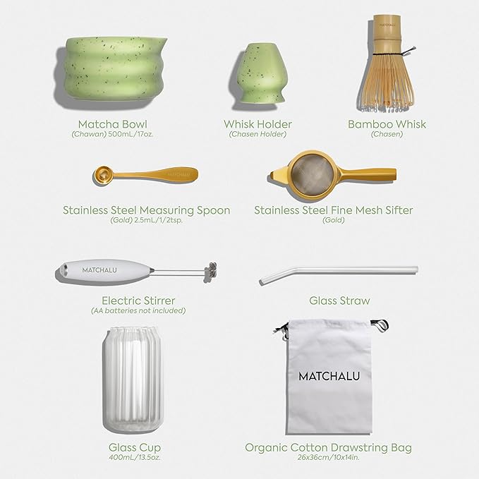 Matcha Whisk Set With Ceramic Matcha Bowl, Bamboo Whisk & Holder, Stainless Steel Spoon & Sifter, Glass Cup & Straw, Electric Frother, Storage Bag - Gift for Matcha Lovers (Premium 9-Piece Set Green)