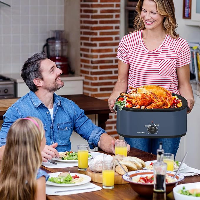 22 Quart Roaster Oven with Viewing Self-Basting Lid, Large Electric Turkey Roaster Oven with Defrost & Warm Function, Adjustable Temperature, Removable Pan & Rack, Stainless Steel, Blue