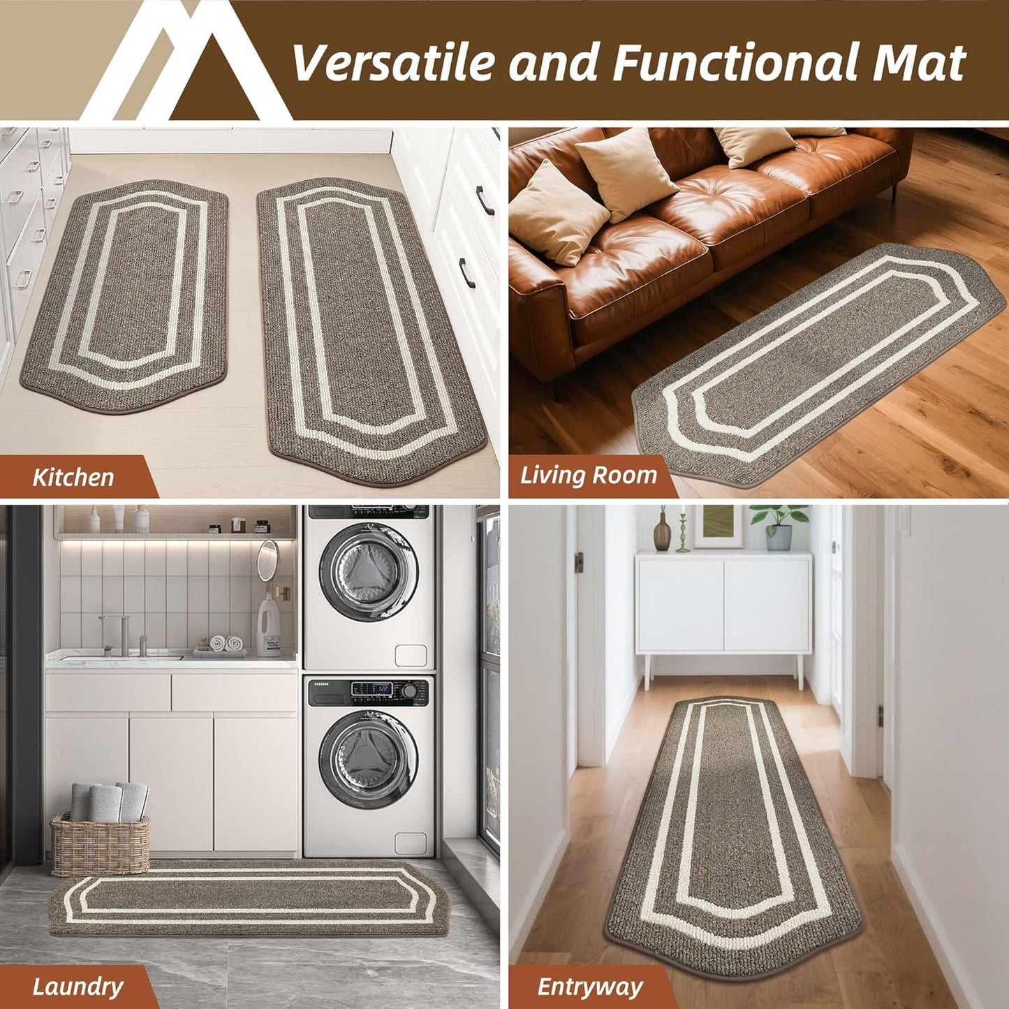 COSY HOMEER Long Kitchen Floor Mats for in Front of Sink Super Absorbent Kitchen Rugs and Mats 24"x48" Non-Skid Kitchen Mat Standing Mat Washable,Polypropylene,Brown,Frame