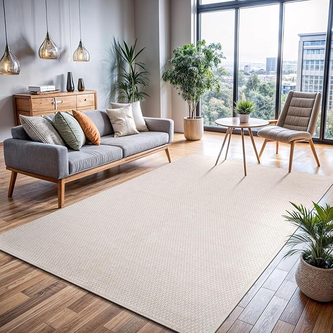 CAMILSON Easy Jute Rug 6x9, Indoor Outdoor Off-White Farmhouse Area Rugs for Living Room Patio and Kitchen Rug, Solid Woven Design, Easy-Cleaning, Washable Outside Carpet Alfombras (6 x 9)