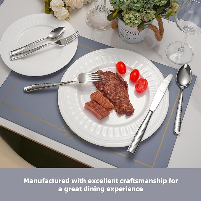 40-Piece Hammered Flatware Set, 18/10 Extra Heavy Weight Flatware for 8, High End Forged Silverware Set, Thick Handle, Dishwasher Safe