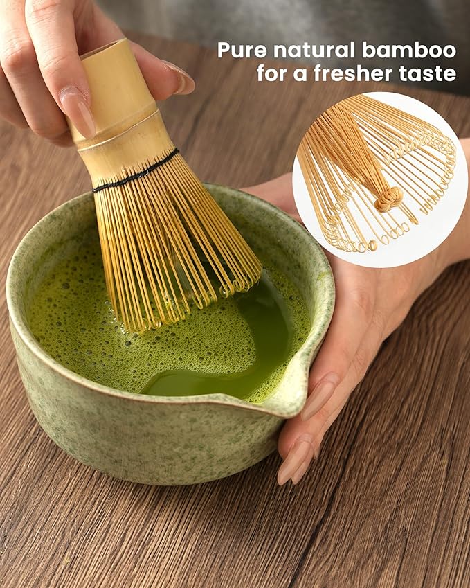 Matcha Whisk Set,7 Pcs Matcha Kit Includes 15oz Spouted Matcha Bowl,Bamboo Whisk,Scoop & Sifter for Matcha Lovers,Beginners,Birthday,Christmas(Matchat Green)