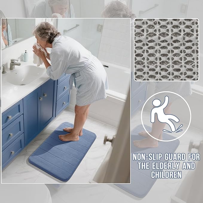 Yimobra Memory Foam Bath Mat, Super Soft Absorbent Bathroom Rug Non Slip 24x17 Inch, Quick Dry, Machine Washable Floor Carpet for Tub Shower, Home Decor Accessories, Denim Blue