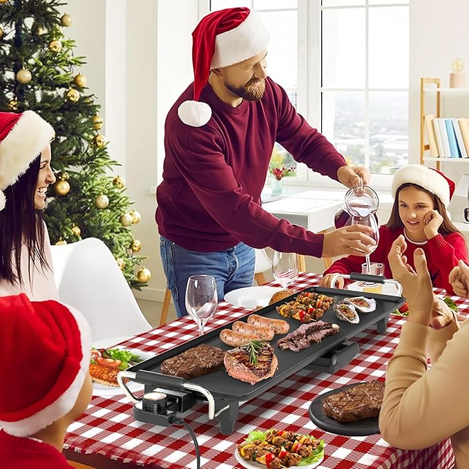 27” Large Electric Griddle, Teppanyaki Grill w/Nonstick Surface, 4 Adjustable Temperature, Insulated Handles & Drip Tray, Indoor & Outdoor Tabletop Griddle for Party, Camping (27“)