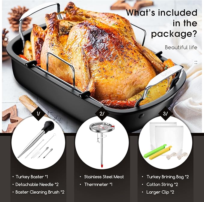 Roasting Pan, 17x13 Inch Nonstick Turkey Roaster with Removable Rack & Cooking Kit,Roaster Pan for Roasting Turkey, Meat & Vegetables (Silver)