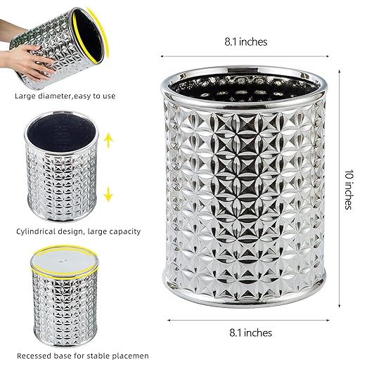 Silver Trash Can, Round Wastebasket, Garbage Receptacle Small Bin for Bathroom, Powder Rooms, Kitchens, Home Offices - Ceramics