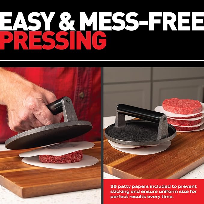 Smash Burger Press Kit - 7'' Flat Bottom Round Premium Cast Iron Press with 35 Pcs Patty Paper,12 Inch Heavy Duty Round Basting Cover Melting Dome. Perfect for Hamburger, Bacon, Meat, Sandwich