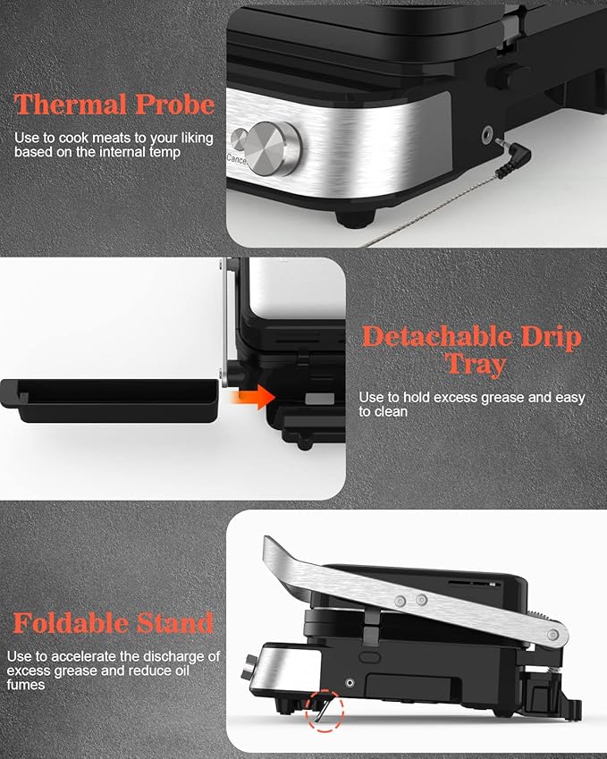 Panini Press Grill Sandwich Maker with Removable Plates, 5 in 1 Smokeless Indoor Grill & Griddle with Meat Thermometer, CATTLEMAN CUISINE Electric Contact Grills for Kitchen, Stainless Steel, 1600W