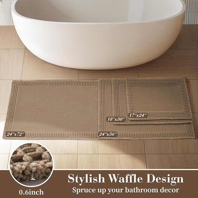 RESARE Waffle Bathroom Runner Rugs, Super Absorbent Bath Mat Non Slip Washable Quick Dry, Upgraded Ultra Soft Boho Bath Rugs with Tassels for Hallway Bedroom Laundry Room, 2'x4'(24"x48"), Brown