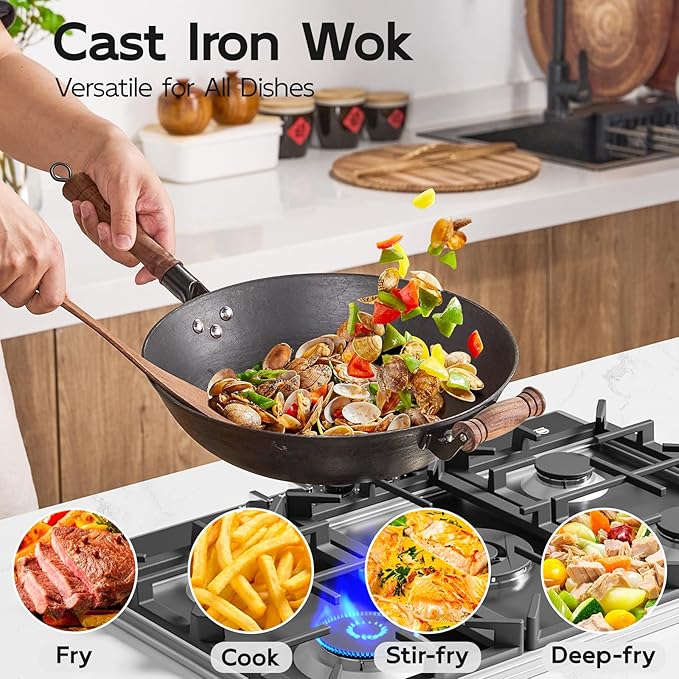 WANGYUANJI 13.4" Chemical-Free Iron Wok with Lid and Iron Spatula, Flat Bottom Stir Fry Pan for All Stovetops