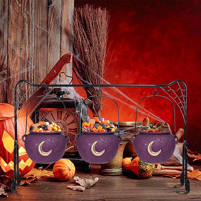 Halloween Decor Halloween Party Decorations Set of 3 Witches Cauldron Serving Bowls on Rack Black Resin Cauldron for Indoor Home Kitchen Decoration Purple Moon