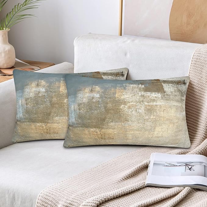 Grey and Beige Abstract Art Contemporary Pillow Cover, Modern Neutral Decorative Throw Pillows Cushion Cover for Bedroom Sofa Living Room 12 x 20 Inch Set of 2