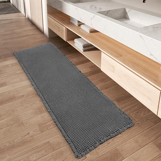 AMOAMI Upgraded Waffle Runner Rug Super Absorbent Non Slip Bath Mats for Bathroom Floor Machine Washable Bathroom Runner Rug with Tassels, Ideal for Hallway Bedroom Laundry Room, Dark Grey, 17" x 48"