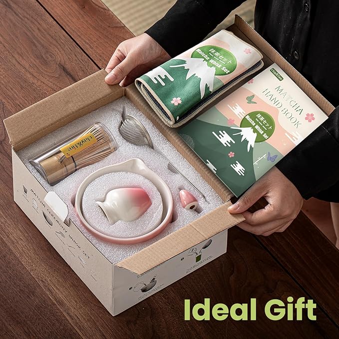 Clay&Fire Matcha Whisk Set，9 Pcs Ceramic Matcha Set, 15 OZ Matcha Bowl with Spout and Whisk，Matcha Kit for Friend, Ideal Gift for Matcha Lover（Gradient Pink）