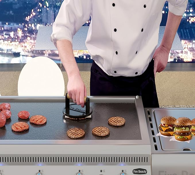 Fire Beauty Burger Press,6.5" Cast Iron Grill Press with Wood Handle,Food-Grade Smash Burger Press for Seared Bacon,Steak&Burger,Pre-Seasoned