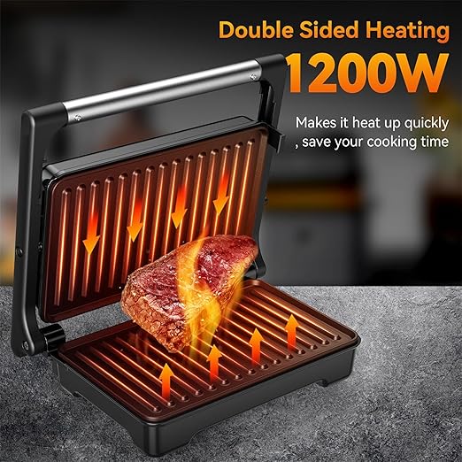 Panini Grill Press, 1200 W Sandwich Maker, Panini Maker with Non-Stick Coated Cast Aluminum Plates, Fits 2 Slices of Bread, 180-Degree Opening, Easy to Clean,Versatile Use