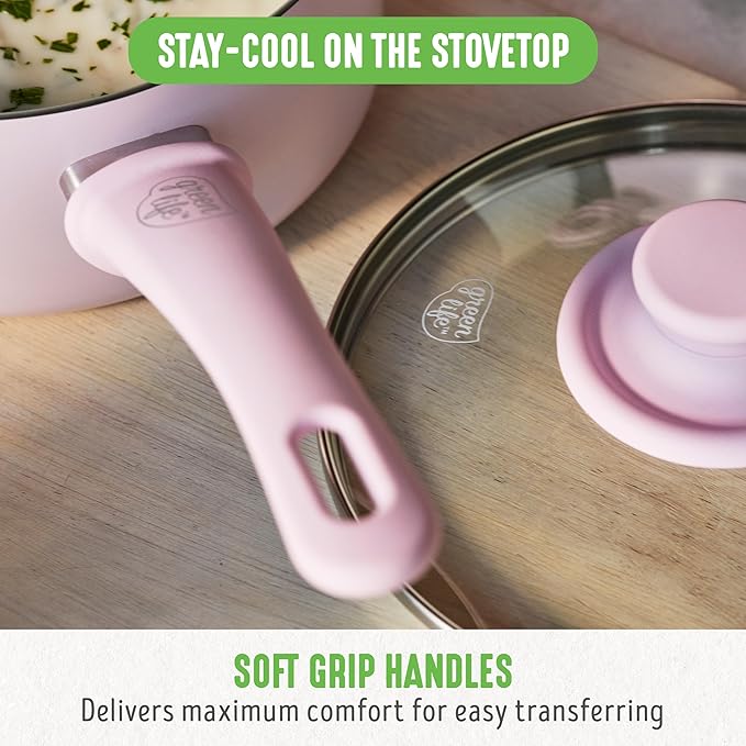 GreenLife 16 Piece Nonstick Cookware Set, Soft Grip Non-Toxic PFAS-Free Ceramic Pots & Pans, Dishwasher & Oven Safe, Frying, Sauce, Saute, Utensils, Glass Lids, Stay-Cool Handles, Wobble Free, Pink