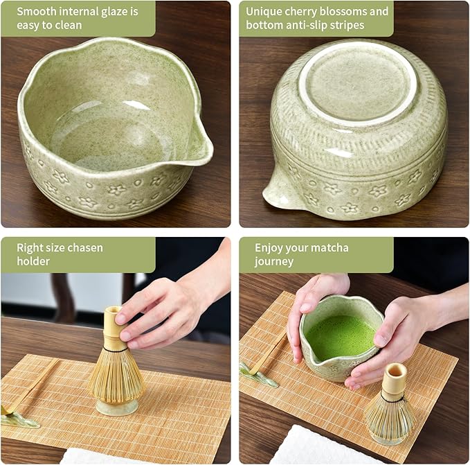 Matcha Whisk Set - Complete 8-Piece Japanese Tea Making Kit With Ceramic Bowl (Chawan), Bamboo Whisk (Chasen), Sifter, Scoop, Holder & Guide - Ideal Gift For Tea Enthusiasts (Mottled Green)