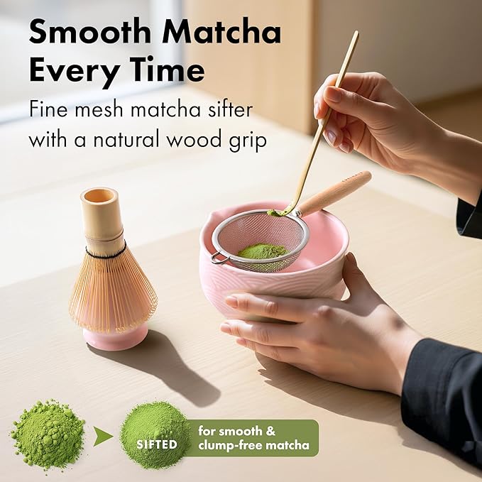 Matcha Kit Whisk Set (7 Pcs) - Complete Matcha Set, Matcha Bowl with Spout, Whisk with Holder, Bamboo Scoop with Rest and Sifter, Perfect Kit for Matcha Lovers (Sakura Pink)