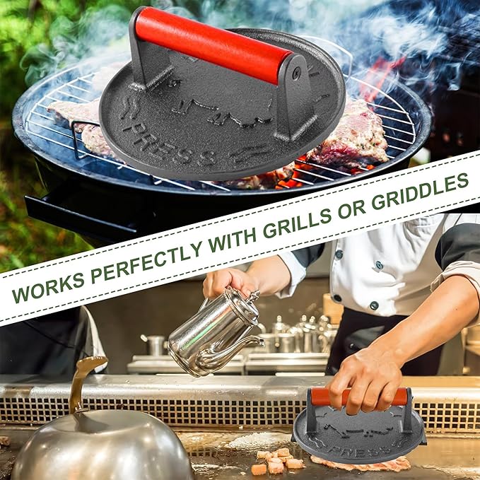 Burger Press 7.2 inch Round Professional Heavy Duty Cast Iron Hamburger Smasher Tool for Blackstone Griddle Grill,Smashburger, Bacon, Ground Beef Meat, Steak, Sausage, Sandwich Cooking