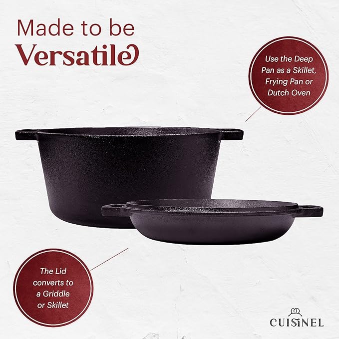 Cast Iron Double Dutch Oven - Pre-Seasoned 5-Quart Set – 2-in-1 Multi-Cooker: 5-Qt Deep Pot + 10" Skillet - Frying Pan Converts to Lid of Combo Dutch Oven – Grill, Stove Top, BBQ and Induction Use