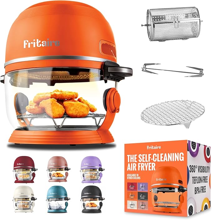 Non Toxic Air Fryer™ - Glass AirFryer 5 Quart w/ 360 Visibility, Self-Cleaning, 400F Vortex Air Fryer for Even Cooking, BPA-Free Teflon Free, 9-in-1 Functions, Rotisserie, Roast, Bake, Orange