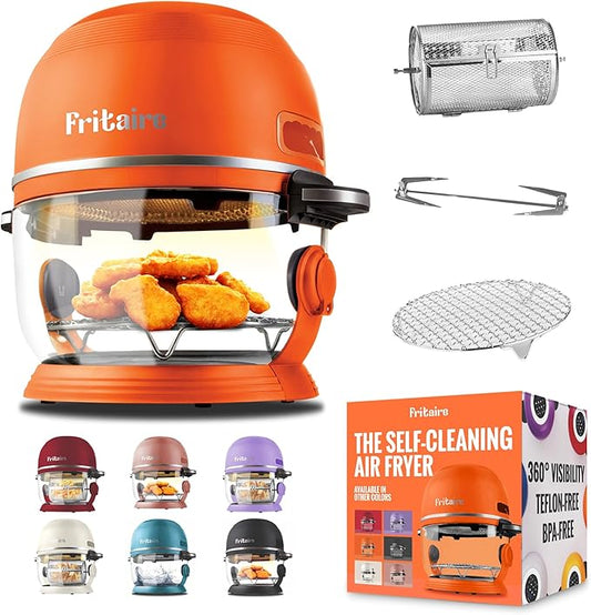 Non Toxic Air Fryer™ - Glass AirFryer 5 Quart w/ 360 Visibility, Self-Cleaning, 400F Vortex Air Fryer for Even Cooking, BPA-Free Teflon Free, 9-in-1 Functions, Rotisserie, Roast, Bake, Orange
