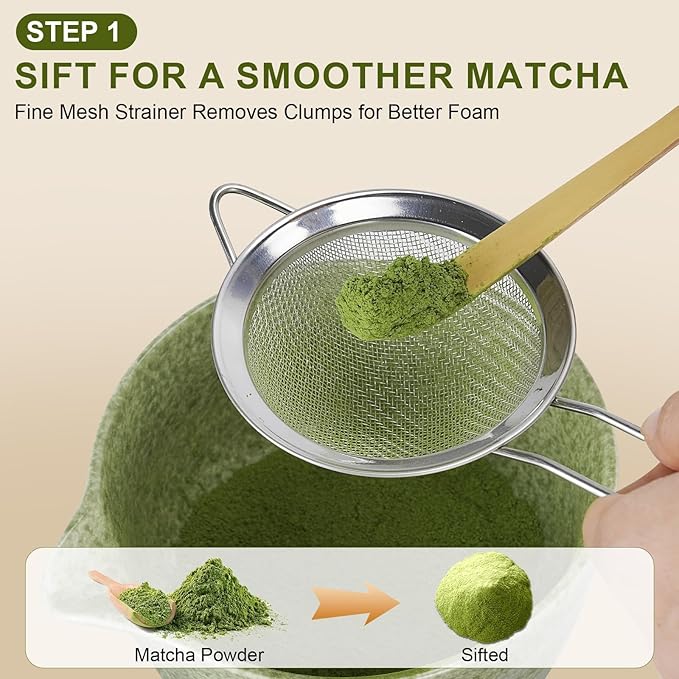 Matcha Whisk Set of 7 | Green Ceramic Matcha Tea Set – Matcha Bowl with Spout, Bamboo Whisk & Holder, Scoop & Rest, Sifter, Tea Towel – Japanese Tea Ceremony Starter Gift Set