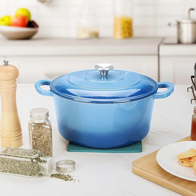 Herogo 6 QT Enameled Cast Iron Round Dutch Oven Pot with Dual Handles, Lid & Silicone Trivet Mat, for Bread Baking Stewing Roasting, Nonstick & Easy Cleanup, Safe for Various Stovetops-Blue